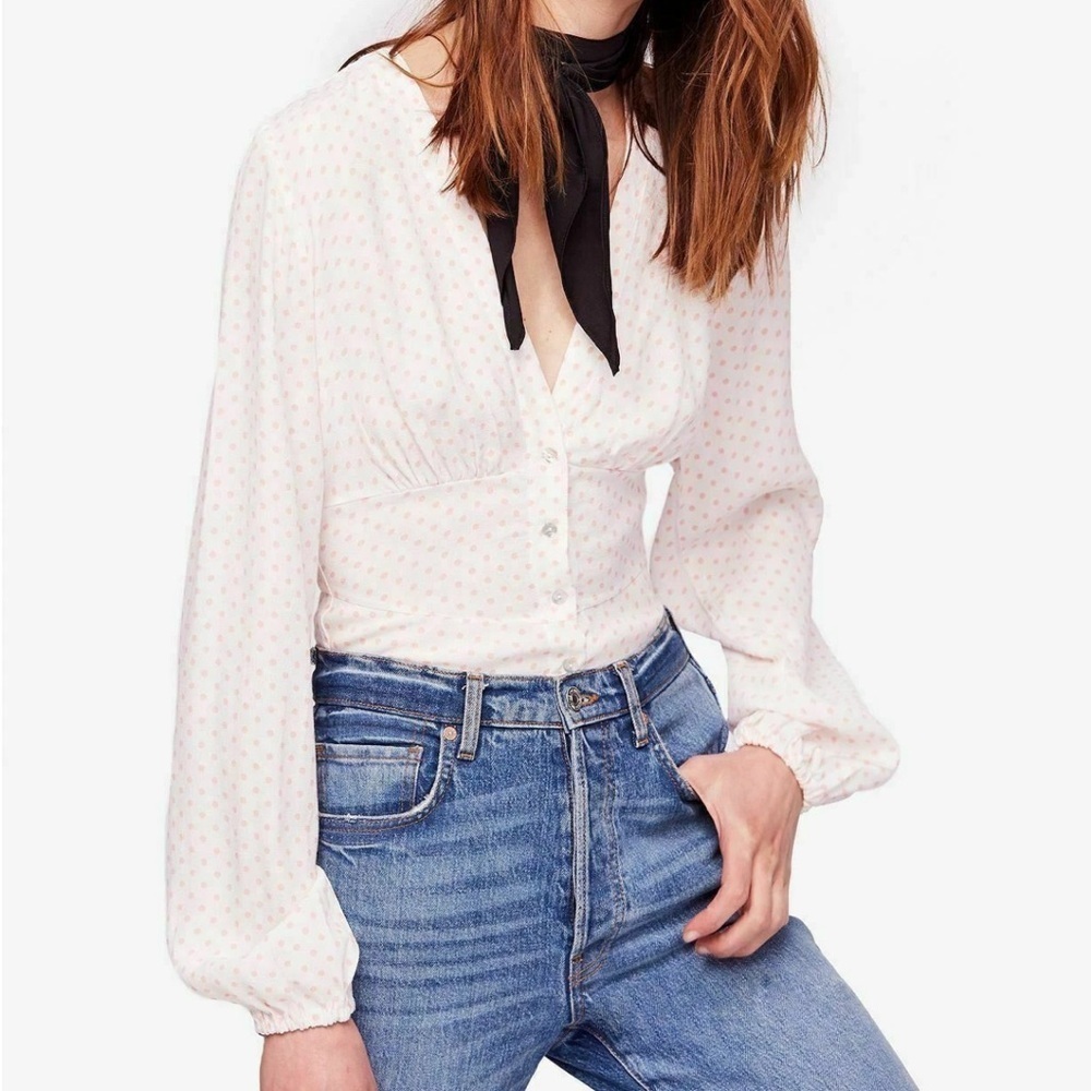 Free People Love Street Top Pink Polka Dots Size Small Blouse Date Night